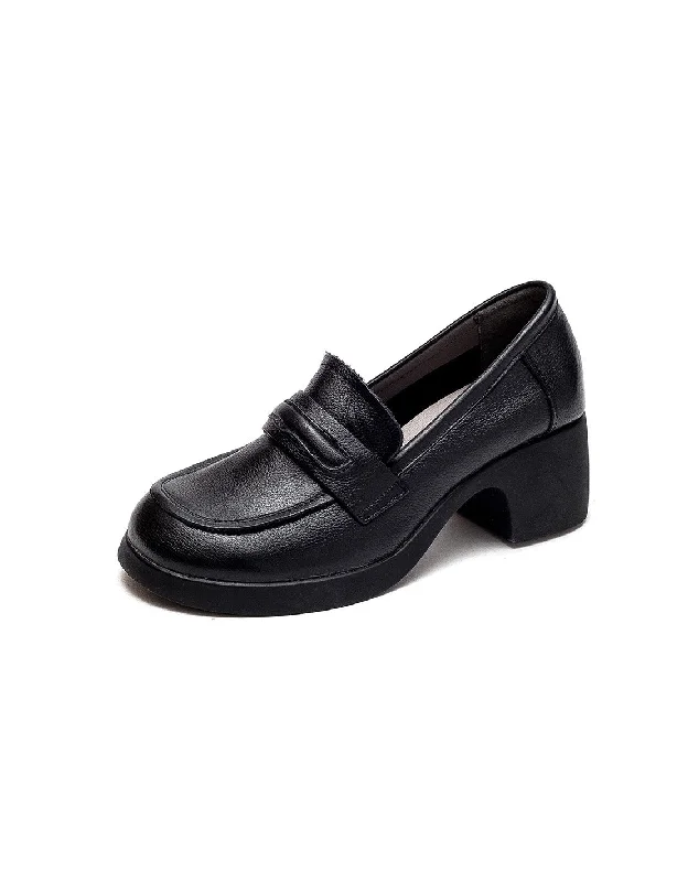 Handmade Retro Leather Chunky Heels Loafers for Women