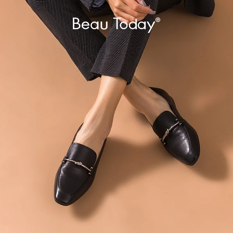 BeauToday Moccasin Loafers Women Cow Leather Round Toe Slip-on Metal Decoration Ladies Flats Handmade Shoes 27235