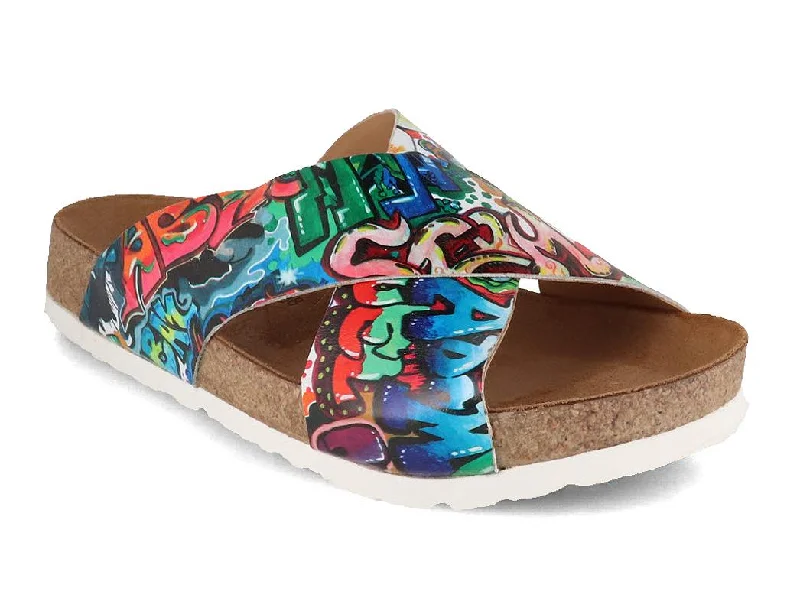 HAFLINGER Women Printed Leather Summer Mules 'Bio Mio', multidrawing