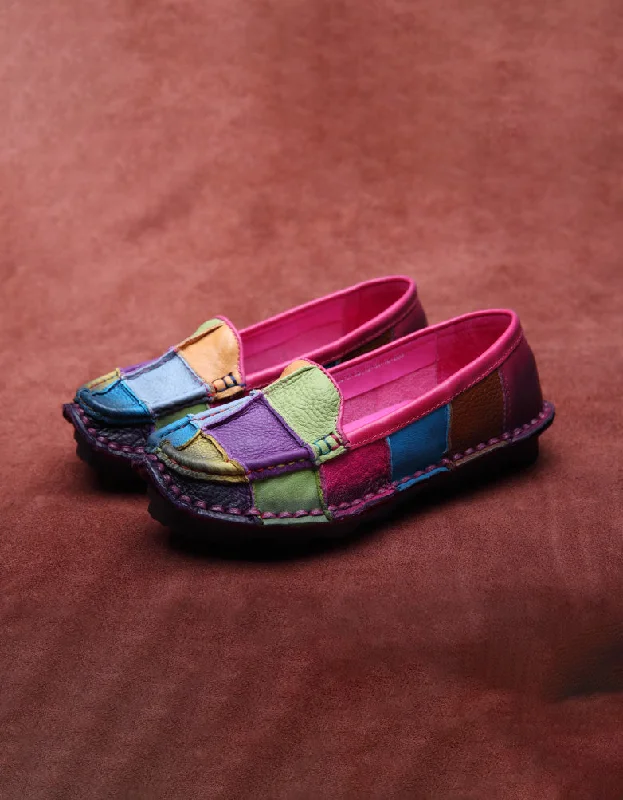 Color Plaid Round Head Handmade Retro Leather Loafers 35-43