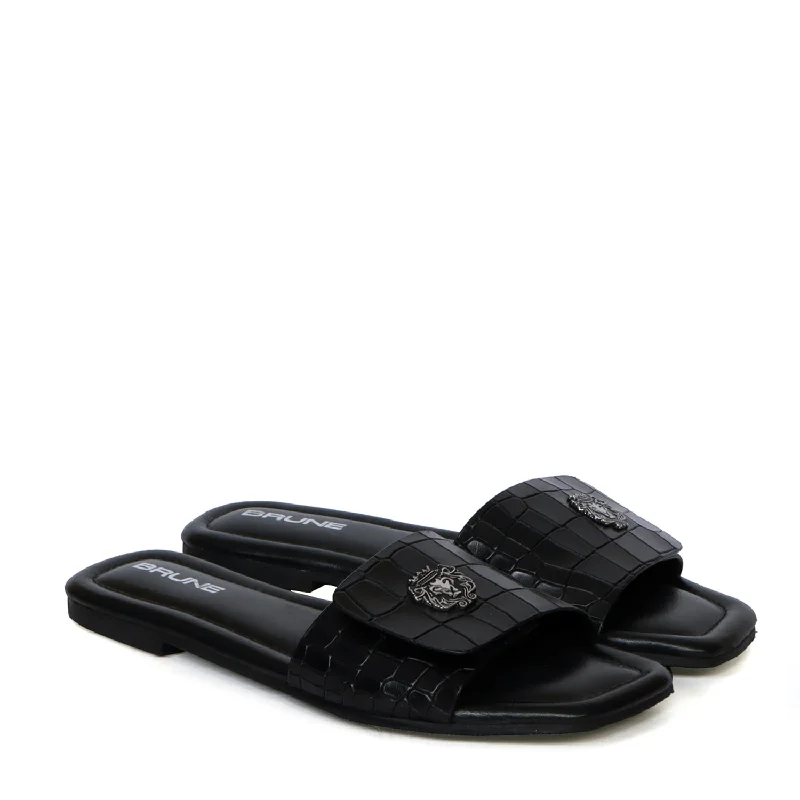 Women's Freeway Velcro Adjustable Strap Croco Deep Cut Textured Black Leather Slide In Slipper