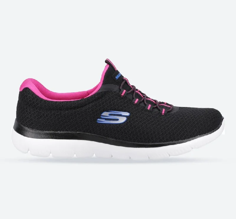 Women's Wide Fit Skechers 12980 Summits Slip On Sports Sneakers - Black/Hot Pink